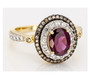 side view of rhodolite garnet champagne diamond and zircon halo ring in 10k yellow gold