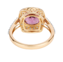 full view of pink spinel and white diamond cushion halo ring in solid 18k yellow gold