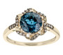front view of london blue topaz and champagne diamond halo ring in 10k yellow gold