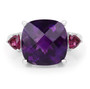 front view of amethyst and rhodolite garnet trilogy ring in rhodium over sterling silver