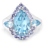 front view of blue topaz and tanzanite pear halo ring in rhodium over sterling silver