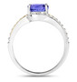 side view of tanzanite and diamond open bypass ring in two-tone 14k white and yellow gold