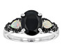 black spinel and opal ring in black and white rhodium over sterling silver