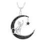 black spinel cat and moon pendant necklace in black and white rhodium over sterling silver