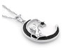 side view of black spinel cat and moon pendant necklace in black and white rhodium over sterling silver