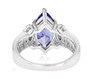 back view of marquise blue and white cz three stone halo ring in rhodium over sterling silver