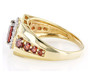 side view of garnet and white zircon gents ring in 18k yellow gold over sterling silver