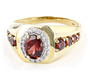 front view of garnet and white zircon gents ring in 18k yellow gold over sterling silver