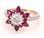 front view of moissanite and rhodolite garnet halo ring in 18k rose gold over sterling silver