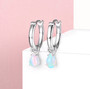 front view of ethiopian opal pear huggie dangle earrings in rhodium over sterling silver