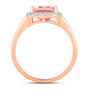 full view of emerald cut morganite and diamond halo ring in 14k rose gold