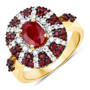 ruby and diamond halo ring in 14k yellow gold