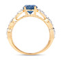 full view of round blue sapphire and diamond ring in 14k yellow gold