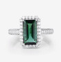 front view of emerald cut green tourmaline and diamond halo ring in 14k white gold