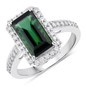 emerald cut green tourmaline and diamond halo ring in 14k white gold