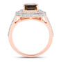 side view of emerald cut brown diamond double halo split shank ring in solid 18k rose gold