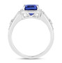 full view of emerald cut tanzanite and diamond halo split shank ring in 14k white gold