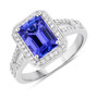 emerald cut tanzanite and diamond halo split shank ring in 14k white gold