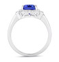 full view of emerald cut tanzanite and diamond halo ring in 14k white gold