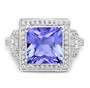 front view of square cut tanzanite and diamond halo ring in 14k white gold