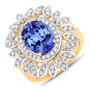 oval tanzanite and diamond double halo ring in 14k yellow gold