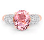 front view of pink tourmaline and diamond ring in 14k rose gold