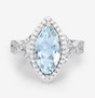 front view of marquise aquamarine and diamond halo ring in 14k white gold