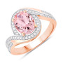 oval cut morganite and diamond halo ring in 14k rose gold