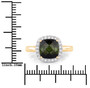 square cushion cut green tourmaline and diamond halo ring in 14k yellow gold shown for size comparison