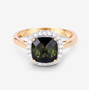 front view of square cushion cut green tourmaline and diamond halo ring in 14k yellow gold