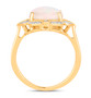 side view of ethiopian opal and white diamond halo ring in 14k yellow gold