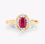 front view of ruby and diamond ring in 14k yellow gold