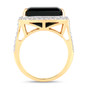 side view of green tourmaline and white diamond emerald cut halo ring in solid 14k yellow gold
