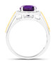 side view of amethyst and white diamond halo ring in two-tone 14k yellow gold and rhodium over sterling silver