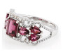side view of rhodolite garnet and white zircon ring in rhodium over sterling silver