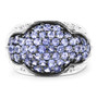 front view of tanzanite and white topaz cluster band ring in two-tone black and white rhodium over sterling silver