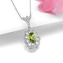 front view of peridot and white zircon halo pendant necklace in rhodium over sterling silver
