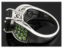 side view of moldavite and tsavorite garnet solitaire ring in rhodium over sterling silver