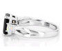 side view of emerald cut black spinel and opal three stone ring in rhodium over sterling silver