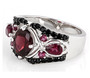 side view of rhodolite garnet and black spinel ring in rhodium over sterling silver