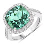 blue green tourmaline and diamond cushion halo ring in solid 14k white gold