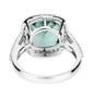 full view of blue green tourmaline and diamond cushion halo ring in solid 14k white gold