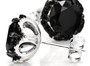 side view of round black spinel halo earrings in rhodium over sterling silver