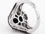 back view of black spinel and white zircon cluster halo ring in black and white rhodium over sterling silver