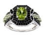 peridot and black spinel halo ring in black and white rhodium over sterling silver