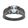 oval aquamarine solitaire ring in black rhodium over sterling silver modern vintage scroll ring icy blue gemstone