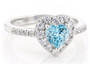 front view of heart blue zircon and white zircon halo ring in rhodium over sterling silver