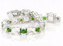 front view of prasiolite and chrome diopside tennis bracelet in rhodium over sterling silver