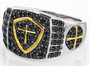 front view of black spinel shield cross ring in black rhodium and 18k yellow gold over sterling silver