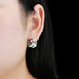 rhodolite garnet opal and chrome diopside floral cluster earrings in rhodium over sterling silver worn on the ear
